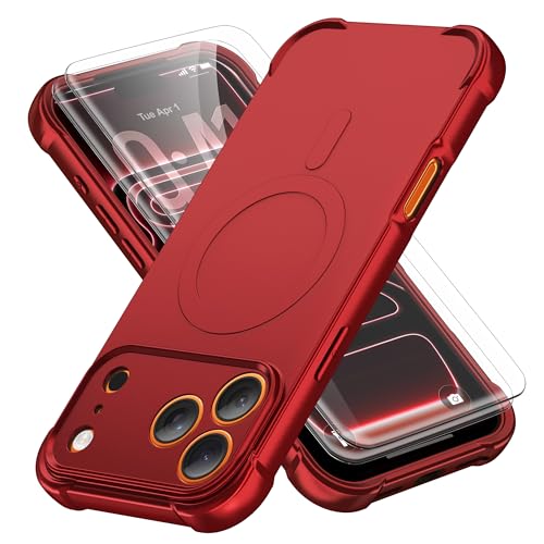 ORETECH 3-in-1 Magnetic for iPhone 17 Pro Case Compatible with MagSafe, [2 x 9H Screen Protector + Full Camera Lens Shield], 25FT Military Grade Shockproof Armor Front Frame Protection,Red