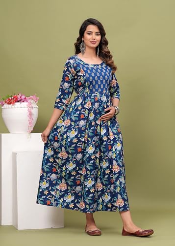 Image of Women's Feeding Kurta Cotton | Floral Anarkali Pregnancy Kurta with Nursing Zipper | Pre & Post Partum | Maternity Dresses | Mom to Be Gift