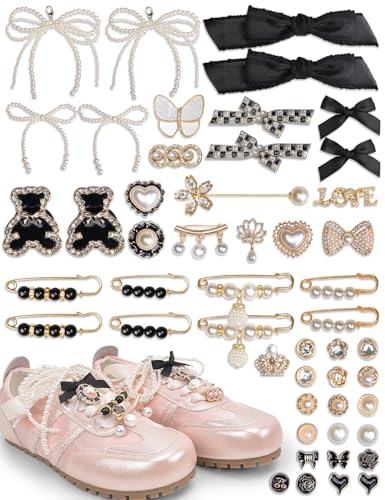 yuboo 51 PCS Shoe Charm for Sneakers, Junk Socks Charms Kit, Shoelace Charms Contain Pearl, Clips, Black Bows, Jewelry, Shoe Decoration Charms for Women Bag/Hat