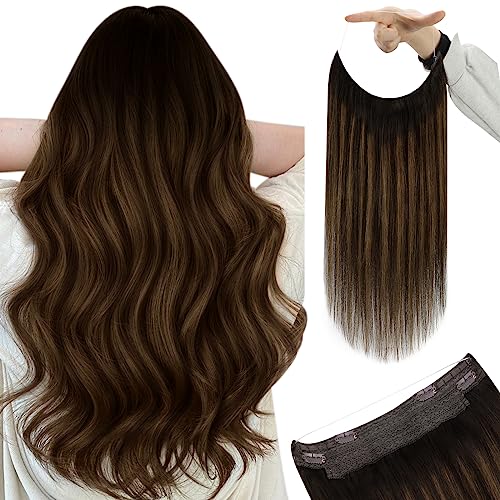 Image of YoungSee Wire Human Hair Extensions Dark Brown, Invisible Wire Hair Extensions Human Hair, Darkest Brown with Medium Balayage, Adjustable Fish Line Hair Extension with Clips, 16 Inch 85g Straight Hair