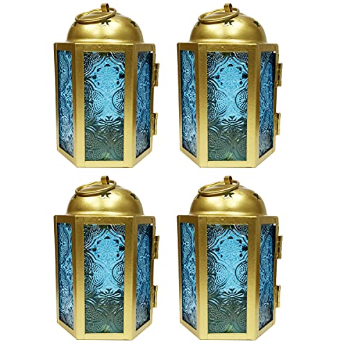 Vela Lanterns Mini Small Decorative Moroccan Candle Lantern Holders, Gold Blue, 4pk