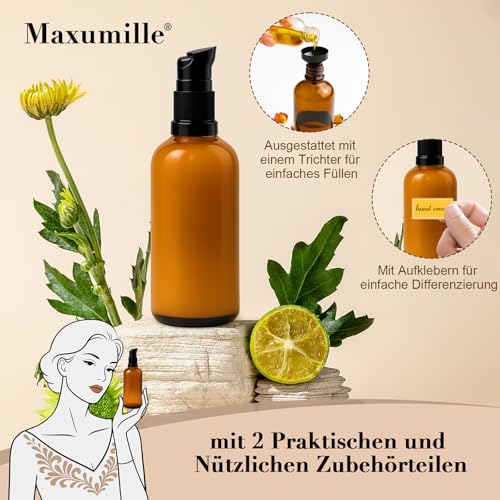 Maxumille 100ml Leer Glasflaschen Braun mit Aufkleber Trichter, 5 Stück Bernsteinfarbene Glas-Lotion-Flaschen mit Pumpspender, Lotionspender Braunglas Flasche mit Pumpe für Ätherisches Öle (5x100ml)