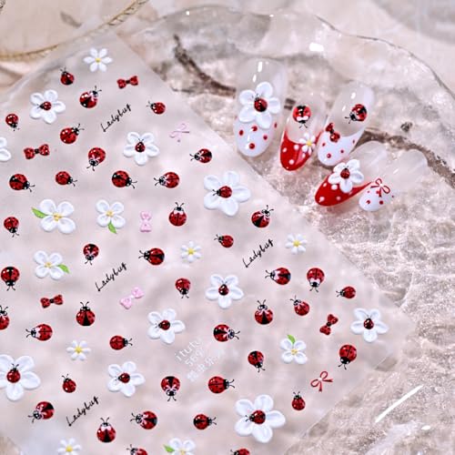 Image of Ladybug Nail Stickers for Nail Art Spring Floral Nail Decals Self Adhesive Design DIY Manicure Charms Supply Decoration Accessories for Women