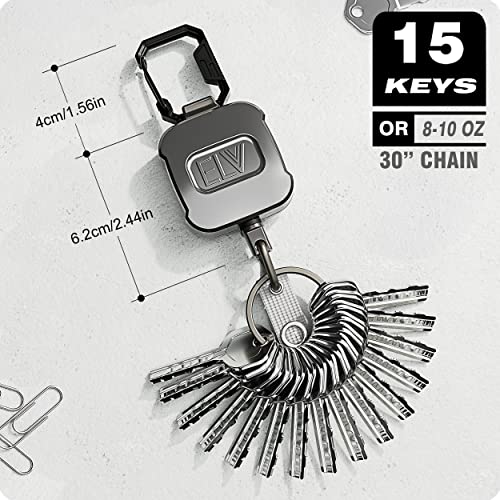 1 Pack Elv Retractable Id Badge Holder, Retractable Keychain Badge Reel, Heavy Duty Metal Body, Strong Dyneema Cord, Carabiner And Key Chain, 30 Inch Wire Extension, Hold Up To 15 Keys And Tools #TOP3