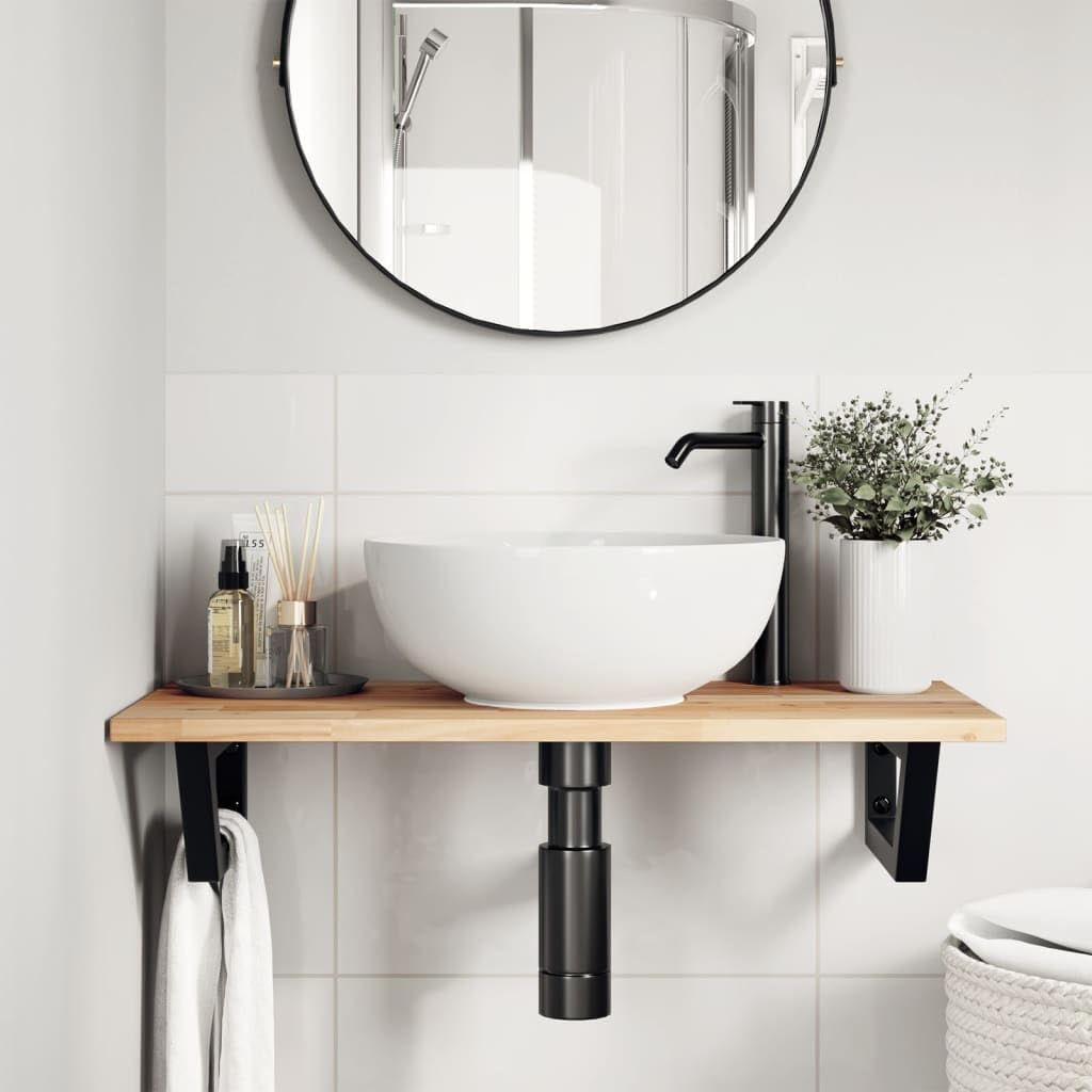 Estantería para lavabo de pared de acero de madera de acacia, placa superior de 80 x 40 cm, 2 soportes, ahorra espacio para lavabo, organizador de baño para espacio de almacenamiento