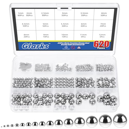 Glarks 620pcs 16 Sizes Precision Bearing Balls, Bearing Balls Assortment, Steel Ball Bearing for Machinery, Automotive, Valves, Ball Mill