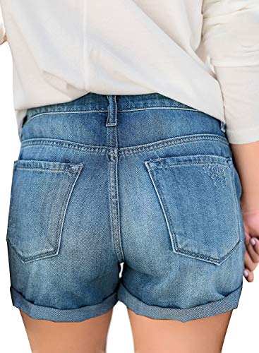 luvamia Women's Summer Casual Jean Shorts Stretchy High Rise Folded Hem Cutoff Denim Shorts 3 Inch Inseam Jive Outlasted Blue Size Large - Image 3