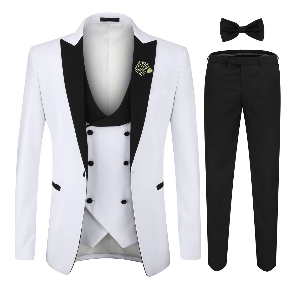 YFFUSHIMen's 3 Piece Suit Slim Fit One Button Prom Suits Set Blazer Vest Trousers White, White, L