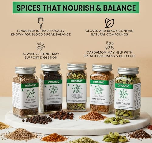 Image of Pure Tree Certified Organic Ajwain 60g, Fenugreek 100g, Black Pepper 65g, Clove & Fennel 50g, Cardamom 50g | Glass Jar | Spice Mix | Kali Mirch, Saunf, Methi Dana, Carom, Clove, Elaichi Combo Pack