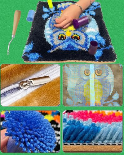 Image of Anurjah Latch Hook Pillow Kits for Adults, Crochet Kit for Beginners 17x17inch Home Decor Pillow Cover Making Kit with Crochet Tool ＆ Precut Yarns and Coded Canvas Christmax Halloween Craft Gifts