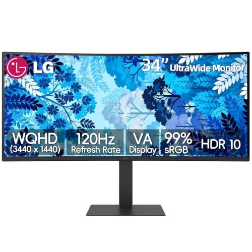 Image of LG 34 Inch UltraWide Curved Monitor, WQHD(3440 x 1440), VA Display, 120Hz, 5ms, HDR10, 99% s RGB, Reader Mode, DisplayPort & HDMI, Built-in Speaker, Tilt /Height /Swivel Adjustment, Black