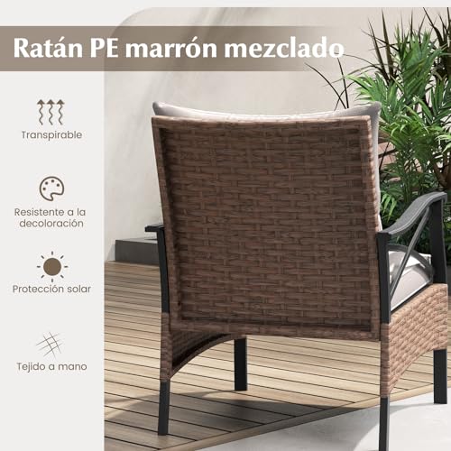 COSTWAY Conjunto Mesa y Sillas Jardin 5 Piezas de Ratán,1 Mesa Auxiliar de Vidrio Templado, 2 Sillas de Ratán PE y 2 Otomanas, Cojines Extraíbles,Conjunto Jardin Exterior Balcon Terraza (Marrón+Gris) - imagen 2