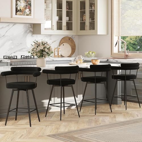 Image of STHOUYN 26 inch Black Swivel Bar Stools Set of 4, Modern Boucle Counter Height Bar Stools with High Back and Metal Legs, Upholstered Bar Chairs Barstools for Kitchen Island, Dining Room (4, Black)