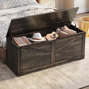 DWVO Storage Bench 472 Farmhouse Storage Chest with 2 Safety Hinges Wooden Storage Organizer Shoe Bench for Entryway Bedroom Living Room Dark Rustic Oak