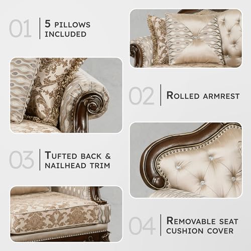 Lexicon Traditional Sofa Couch for Living Room, Rolled Arm Sofa with Pillows, Tufting, Queen Legs in Cherry Finish with Gold Tipping, Upholstered Living Room Furniture, Brown - Image 4