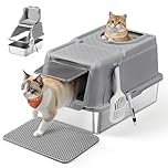 Feandrea Stainless Steel Cat Litter Box with Flip Lid, XL Enclosed Litter Box with Leak-Proof Design, Scoop, Brush, Dual Entry, for Cats up to 15 kg, Dove Grey PPT005G01