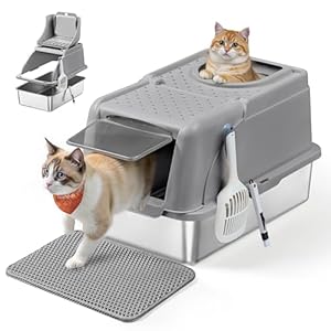 Feandrea Katzenklo Edelstahl, XL, Katzentoilette mit Deckel, mit Schaufel, Bürste und 2 Eingängen, für Katzen bis 15 kg, Taubengrau PPT005G01
