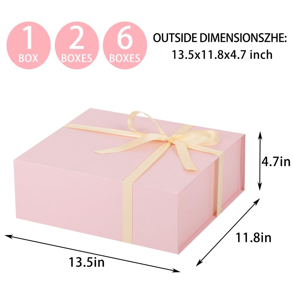 UoeRing 2 x rosa Geschenkboxen, groß, 34,3 x 30 x 11,9 cm, Luxus-Geschenkbox für Geschenke mit Magnetverschluss, faltbar, Geburtstag, enthält Karte, Band, Seidenpapier, geschreddertes Papierfüller