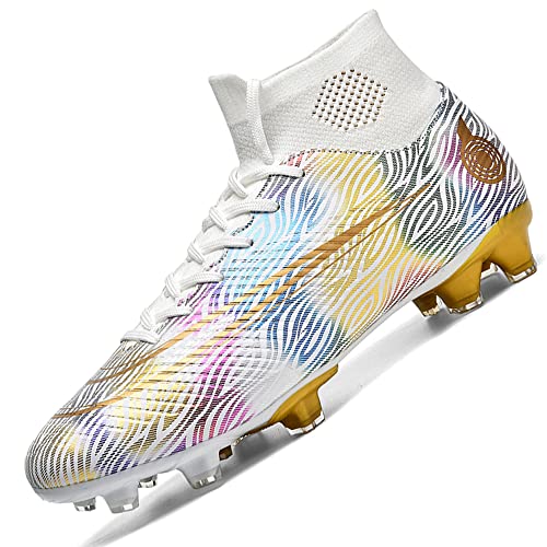VTASQ Football Boots Men's High Top Spike Soccer Shoes Breathable Turf Training Shoes Boys Junior Outdoor Professional Athletics Sneakers for Unisex White UK 5