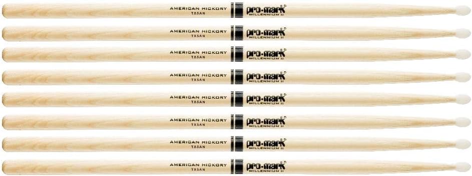 4 PACK Pro-Mark Hickory Drum Sticks, 5A Oval Nylon Tips, Medium, Made in USA, TX5AN-4