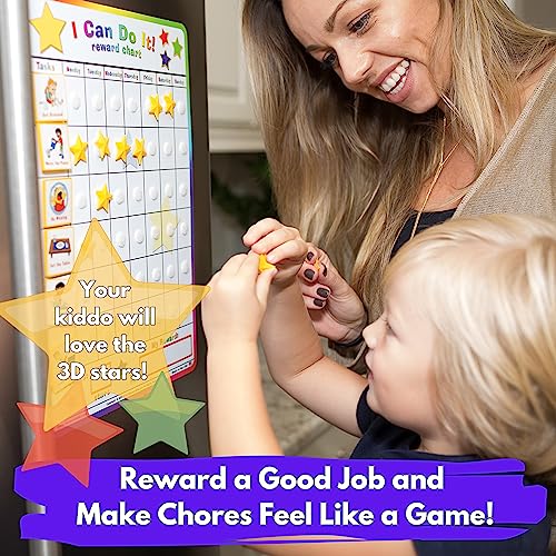 Free Bonus Chart and Stickers- Fun Behavior Reward Chart for Kids- I Can Do It! Chore Chart for Kids with 3D Stars and Tasks- Good Beavior Chart for Kids, Responsibility, 79 Pcs.