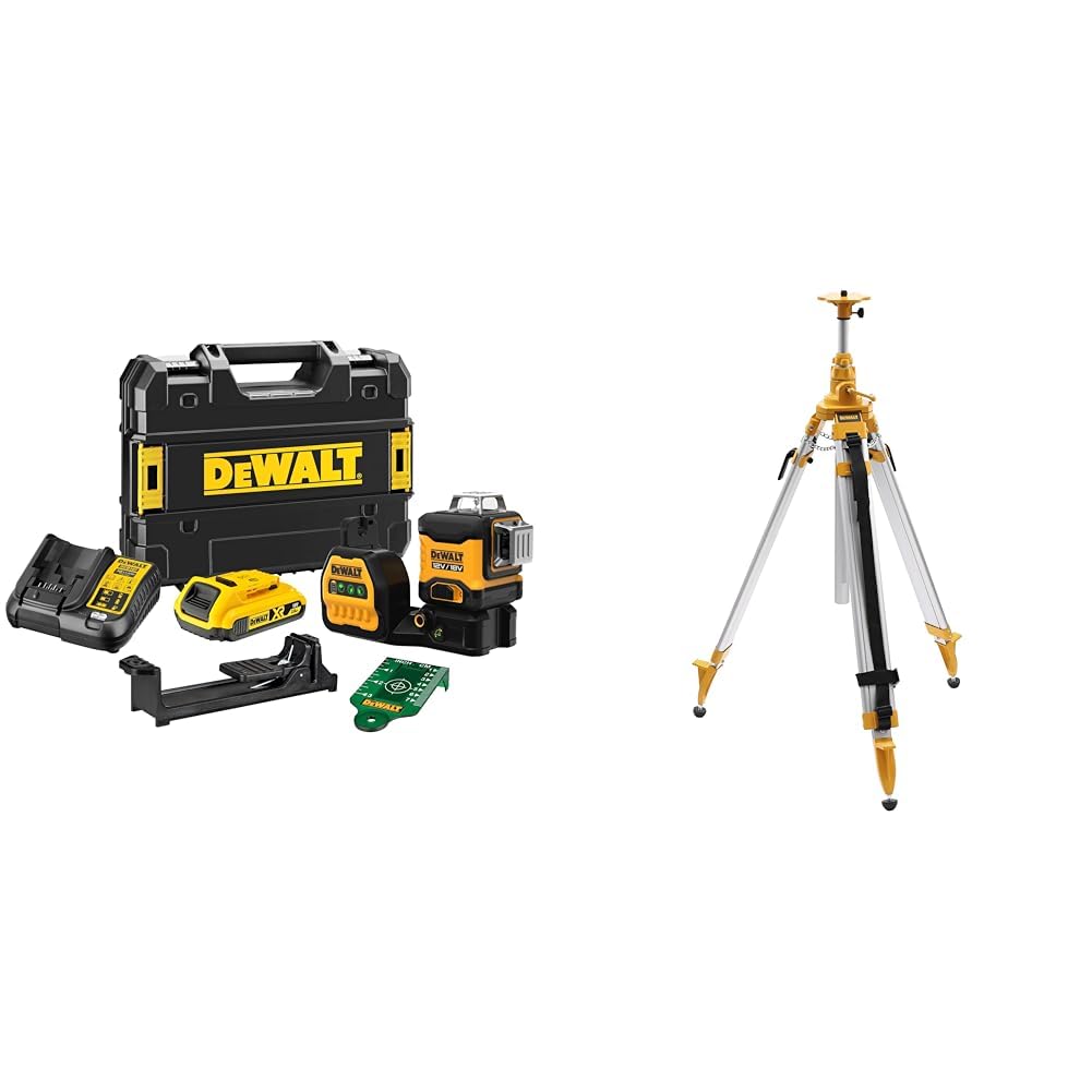 Dewalt Linienlaser (selbstnivellierender 3x360°,10,8V, 2Ah, manueller Modus ab 4° (Blinkmodus) & Aluminium-Stativ/Kurbelstativ