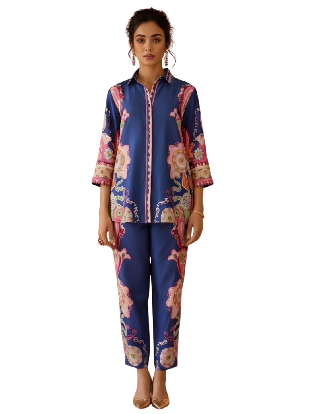 Women's Blue Multicolour Paisley Printed Shirt Co-ord Set |Shirt Collar 3/4 Sleeve Top with Trousers | Chanderi Co-ord for Festive, Ethnic, Party-picture-44