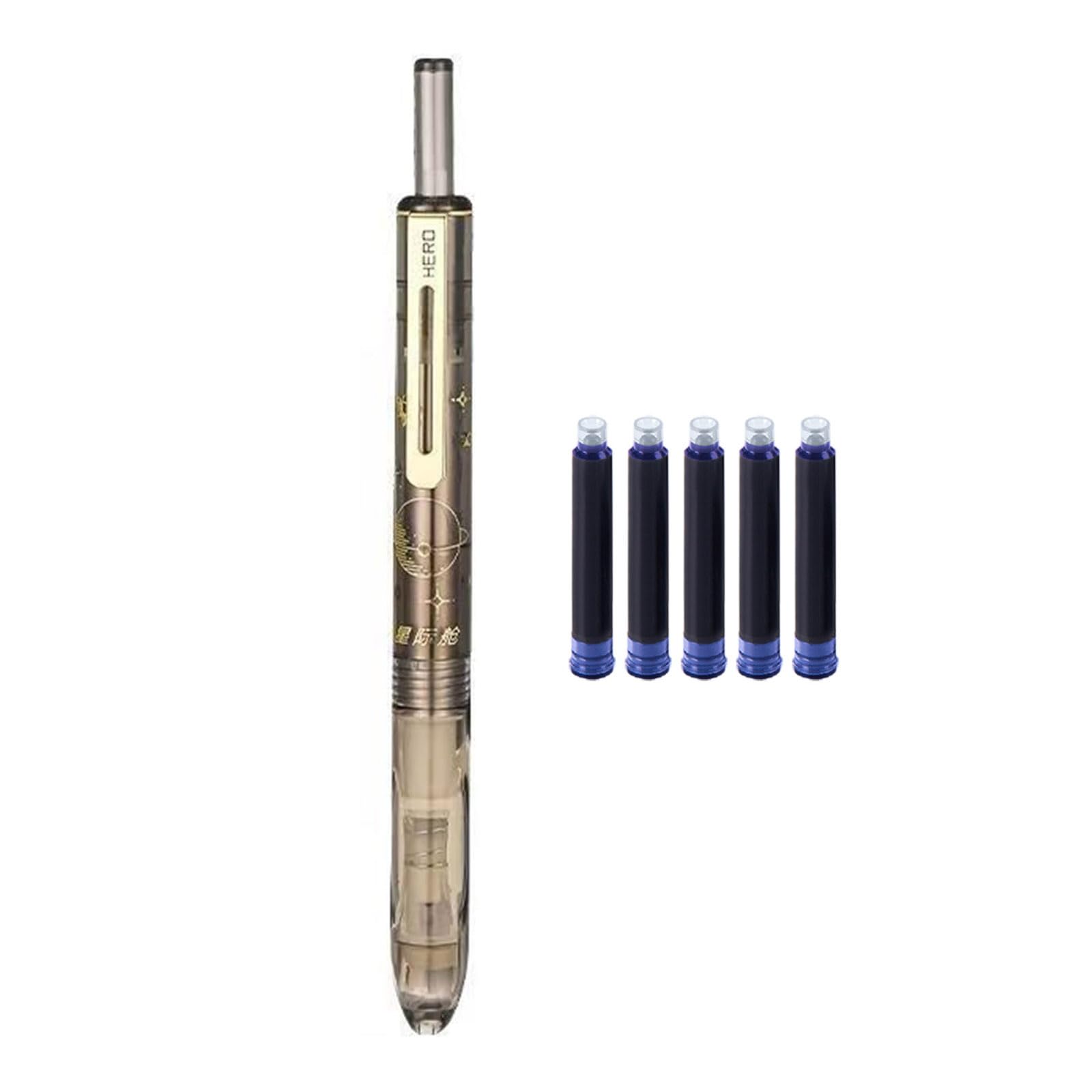 XAGMODSHN Retractable Metal Inks Pen with 5 Inks Sacs 0.38MM Tip Ergonomic Grip Press Fountain Pen for Art Handwriting Journaling Metal Fountain
