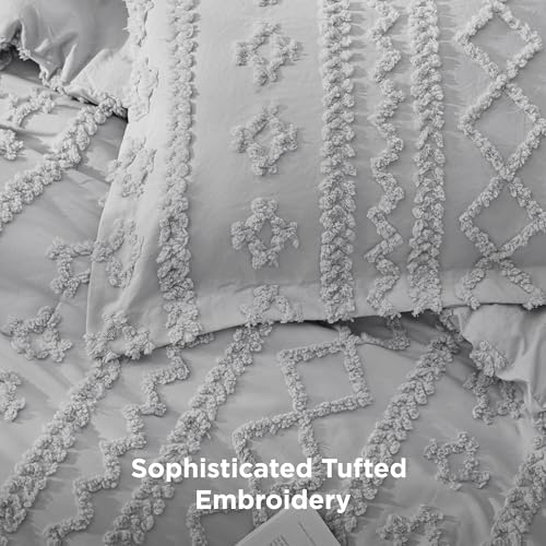 Image of Bedsure Tufted Boho Comforter Set Twin Size - Light Grey Boho Bed Set, GentleSoft 2 Pieces Farmhouse-Style Embroidery Bedding, Gifts for Woman, Soft Jacquard Kids' Twin Comforter for All Seasons