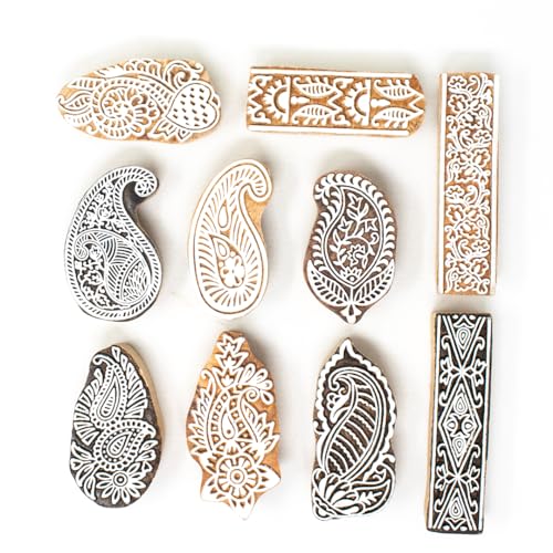 Image of Hashcart Wooden Indian Traditional Design Printing Stamps / Blocks for Printing Saree Border / Dresses / Craft Card Making / Scrapbook / Clay Pottery (Set of 10)