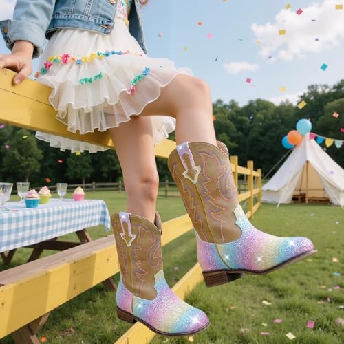 Image of Motasha Girls Cowgirl Boots Unisex-Child Mid Calf Glitter Toddler Cowboy Boot Little Big Kids Western Riding Shoes