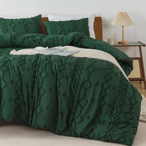 Image of Andency Comforter Full Size Emerald Green, 3 Pieces Dark Green Boho Tufted Geometric Shabby Chic Bedding, Soft Fluffy Farmhouse Bed Set, Jacquard Textured Comforter for All Season(79x90 Inch)
