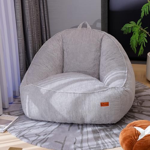UODERS Sitzsack mit Memory-Foam-Füllung, Großer Cord Sitzsack für Erwachsene & Kinder, Bequemer Boneless Bean Bag mit Tragegriff für Wohnzimmer, Schlafzimmer, Gamingzimmer, Büro & Balkon(Hellgrau-M)