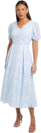 Debenhams Floral Jacquard Puff Sleeve Midi Dress, 14, Light Blue