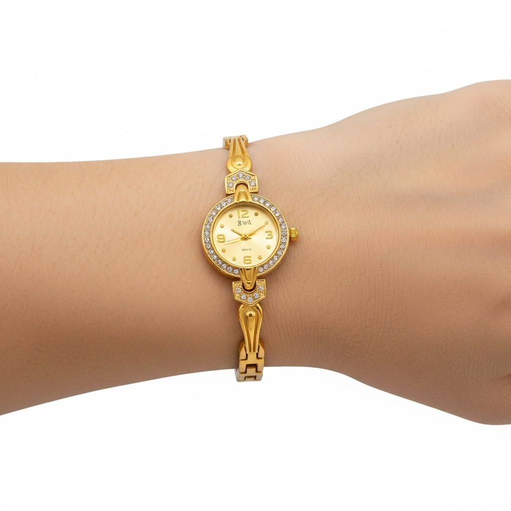Women's Gold Plated Analog Quartz Wrist Watch with Stone Studded Round Dial | Stainless Steel Bracelet Strap | Watch for Girls & Women | Casual, Office, Party & Gift Design 01-image-43