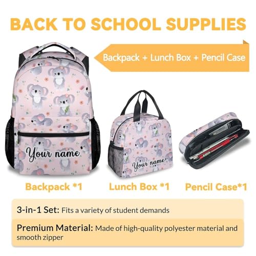 Custom Koala Backpack with Lunch Box, Set of 3 School Backpacks Matching Combo for Girls Boys, Cute Pink Bookbag and Pencil Case Bundle3
