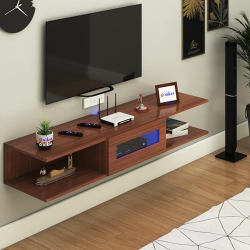 Image of Anikaa Vetra Wall Mount Modern Floating TV Unit for Living Room with Open Shelf Storage Cabinet & Middle Cabinet Blue LED Light (Ideal for 32 to 65 inch TV, DIY Installation, Walnut Finish)