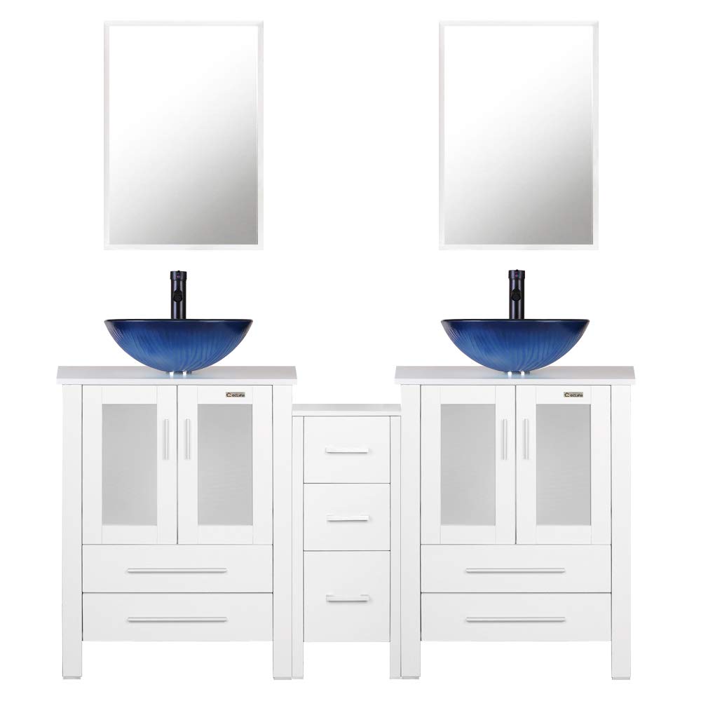 Buy 60" White Bathroom Vanity,Double Vanity,Round Glass Vessel Basin