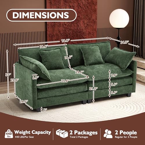 Image of Ihanherry Cloud Sofa 77 Inch Loveseat, Modern Sectional Couch, 2-Seats Sofa for Living Room Bedroom and Apartment, Comfy Double Layer Upholstered Seat Cushion, Breathable Chenille Fabric, Green