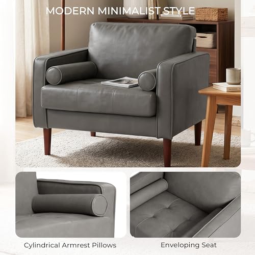 Image of Faux Leahter Accent Chairs Stet of 2, Comfy Upholstered Armchairs for Living Room, Modern Bedroom Reading Seat with 2 Bolster Pillows, Dark Gray