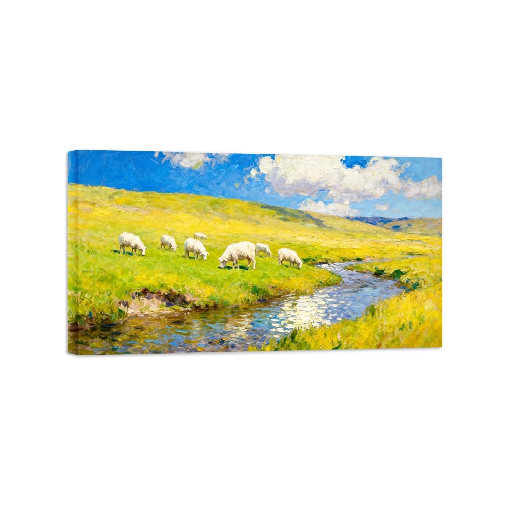 Ozpwbvy Wrapped Canvas River Sheep Landscape Canvas Wall Art Picture 20X35cm Framed