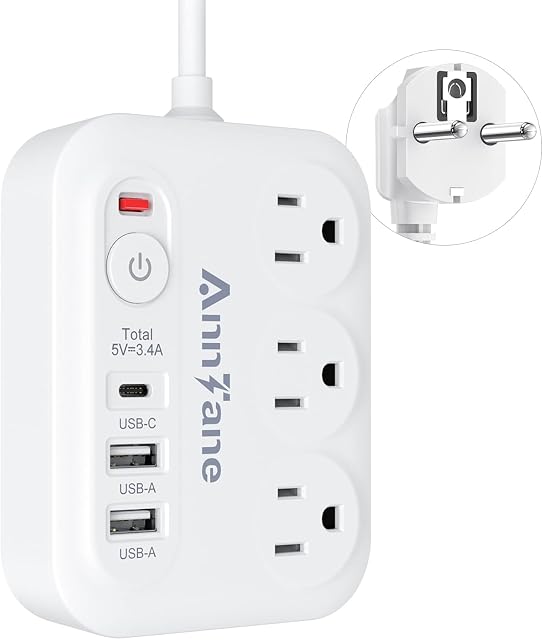 European Plug Adapter, AnnTane International Travel Adapter with 3 Outlets 3 USB Ports(1 USB C), Travel Essentials Type C Power Adapter with Bag to Most Europe EU France, Spain