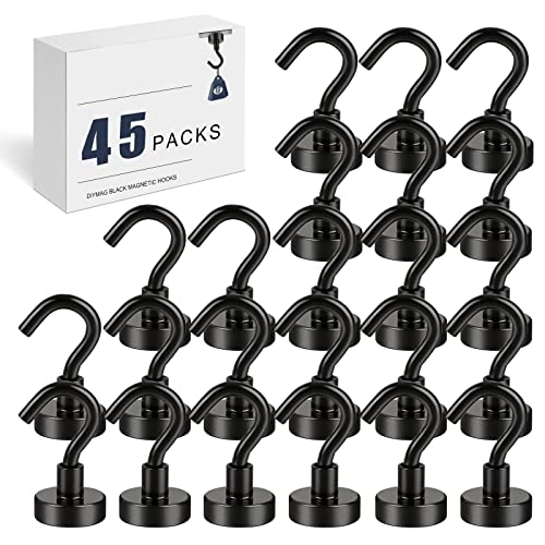 DIYMAG Black Magnetic Utility Hooks, 22Lbs Strong Rare Earth Neodymium Magnet Hooks with Nickel Coating for Kitchen, Cruise, Classroom, Workplace, Office and Garage etc, 45 Packs