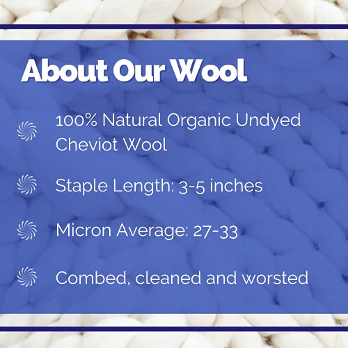 Revolution Fibers Cheviot Wool Roving Top 1 Lb (16 Ounces) For Spinning | Soft Chunky Jumbo Yarn For Arm Knitting Blanket |100% Natural Undyed (Off-White) Wool Yarn Bulk, Felting Core, Carded Stuffing #TOP2