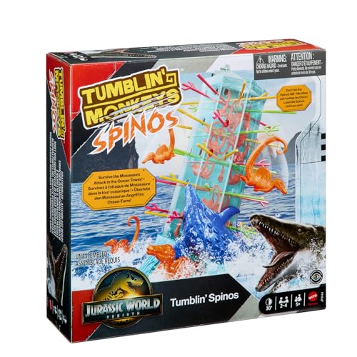 Mattel Games Monos locos Jurassic World: El Renacer , Juego de mesa familiar con torre oceánica y figuras de espinosaurio inspiradas en la película., JFW44