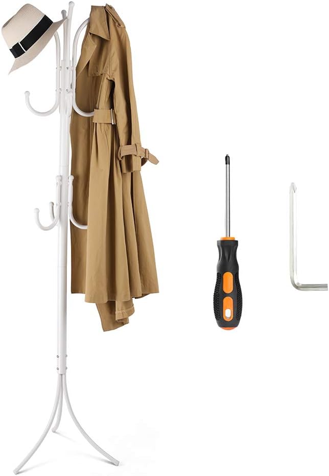 Cozzine Coat Rack Coat Tree Hat Hanger Holder 11 Hooks for Jacket Umbrella Tree Stand with Base Metal (White)