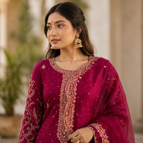 Image of Women's Ethnic Plazzo Suit Set with Kurta & Dupatta | Fendy Fabric Embroidered Kurta Set | Round Neck 3 /4 Sleeve Dress | Elegant Outfit