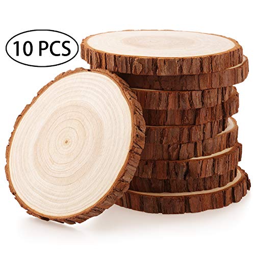 Fuyit Holzscheiben 10 Stücke Holz Log Scheiben 12-13 cm Unvollendete Holzkreise Ungebohrte Holzkreise ohne Loch für DIY Handwerk Holz-Scheiben Hochzeit Mittelstücke Weihnachten Dekoration Baumscheibe