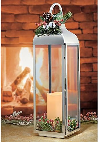 27.5" Large Polished Stainless Steel Lantern with Flickering LED Candle