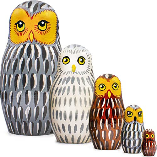 AEVVV Owl Nesting Dolls Set of 5 pcs - Matryoshka Doll with Decorative Owl Figurines - Owl Stuff - Owl Gifts - Wood Owl Decor - Owl Wood Craft